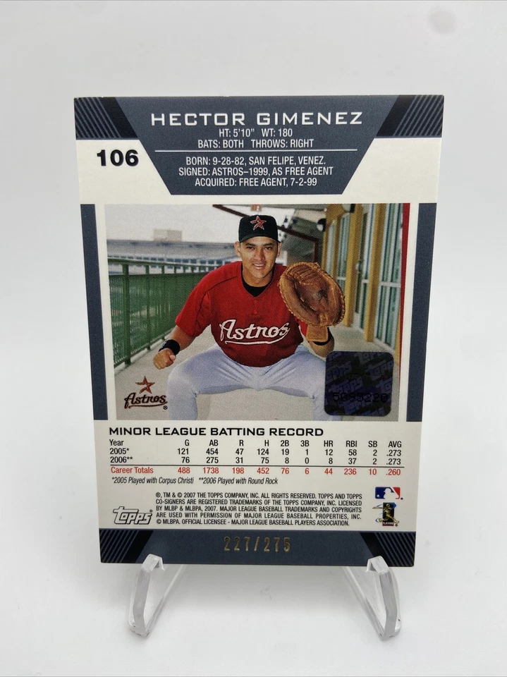 2007 Topps Co-Signers Hector Gimenez Rookie Card Auto #106 ASTROS /275 - Image 4 of 4