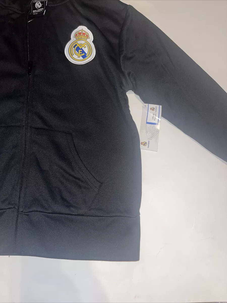 Real Madrid Soccer Logo Black Sweater Zip Up W Hoodie Youth S