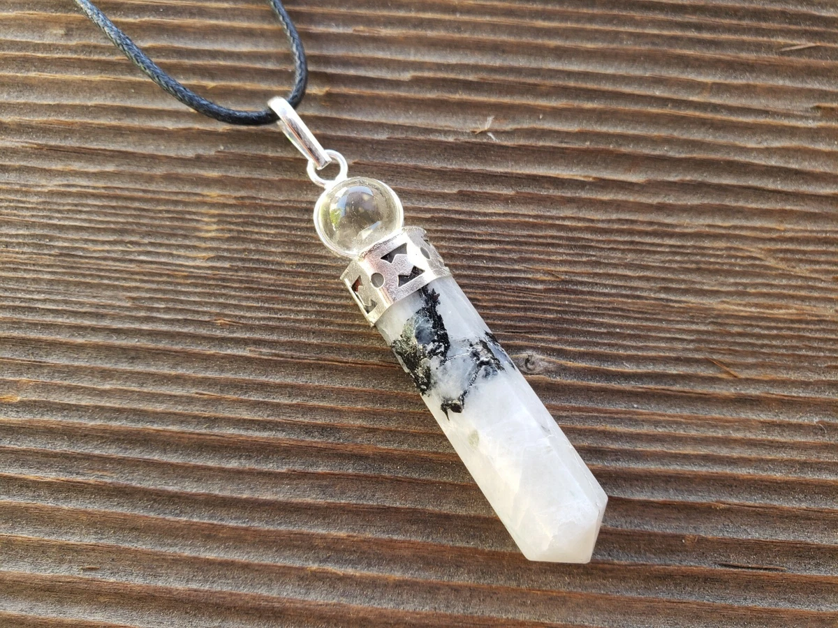 RAINBOW MOONSTONE 2 STONE CRYSTAL POINT PENDANT W QUARTZ SPHERE