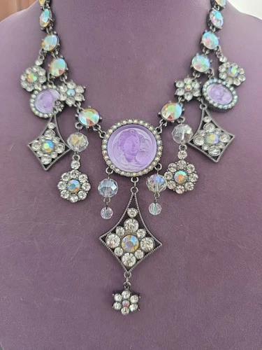 Frosted Angel Cameos Aurora Borealis Large Statement Necklace Silvertone WOW