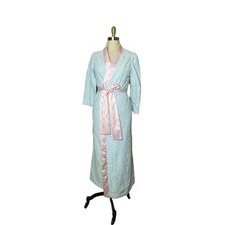 Vintage NATORI Quilted Blue and Pink Floral Embroidered Robe Thick Bed Jacket S