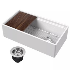 Nuie Fire Clay Kitchen Sink, Ledge, Grid, Cutting Board  Drain 36x19x10"