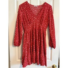 MNG Mango Red Floral V-Neck Tiered Mini Dress Puff Sleeve Textured Stretch Sz 6