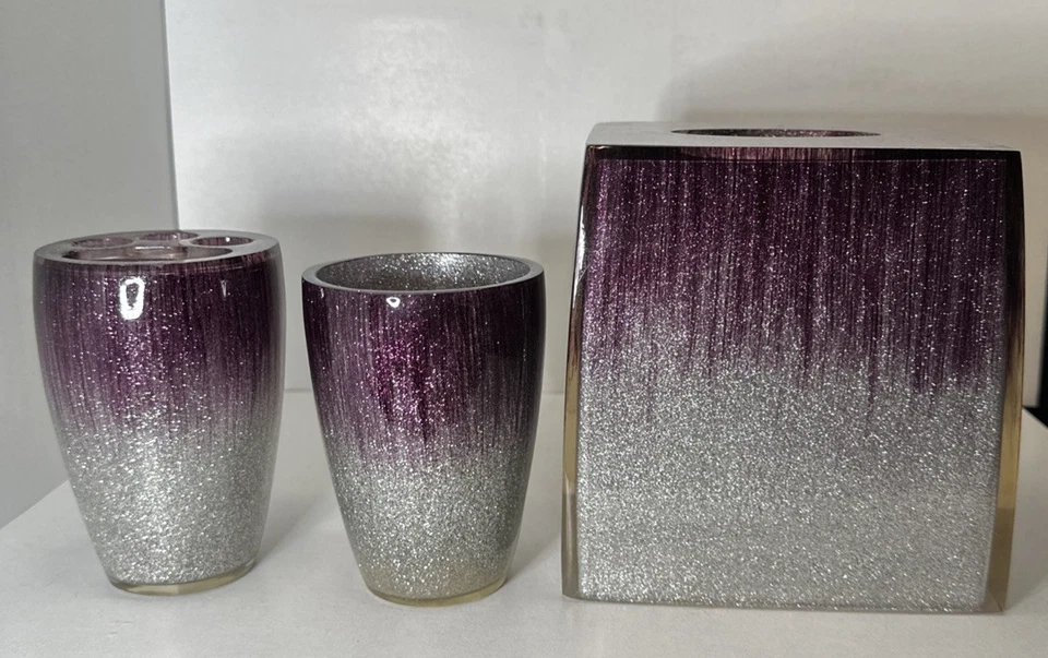 Stardust-Purple/Silver Tissue Cover, Tooth Brush And Drinking Cup Set Of 3 Retro - Image 3 of 4