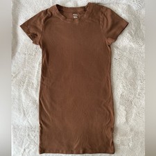 Brown Ribbbed Bodycon Short Sleeve Dress PINK Size L