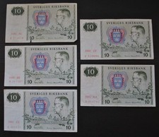Lot of 5 Sweden 10 Tio Kronor Banknotes - 1981 - Sveriges Riksbank