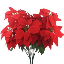 2 Pcs Artificial Christmas Flowers - Red 5 Heads Silk Poinsettia Bouquet - Fa...