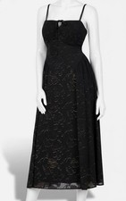 Kensie Women's Black Smocked Lined Burnout Pattern Midi Dress Size 16