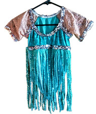 Girls Teal Fringe Sequin Dance Costume Short Sleeve Made USA Size MC