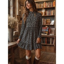 Lily Rose Floral Mock Neck Tiered Mini Dress Black White Long Sleeve Size Large