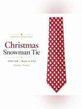 100% Silk Christmas Snowman Tree Necktie Red Holiday Tie Made in USA