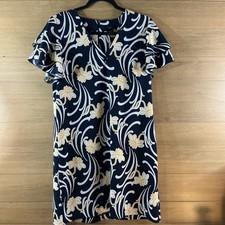 Ann Taylor Factory Dress Women 8P petite Navy White Yellow Flutter Short Sleeve