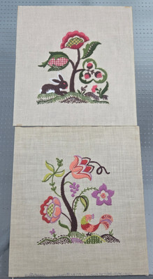 Vtg 70s Paragon Crewel Embroidery Jacobean Floral Bird Rabbit Set of 2 FREE SHIP