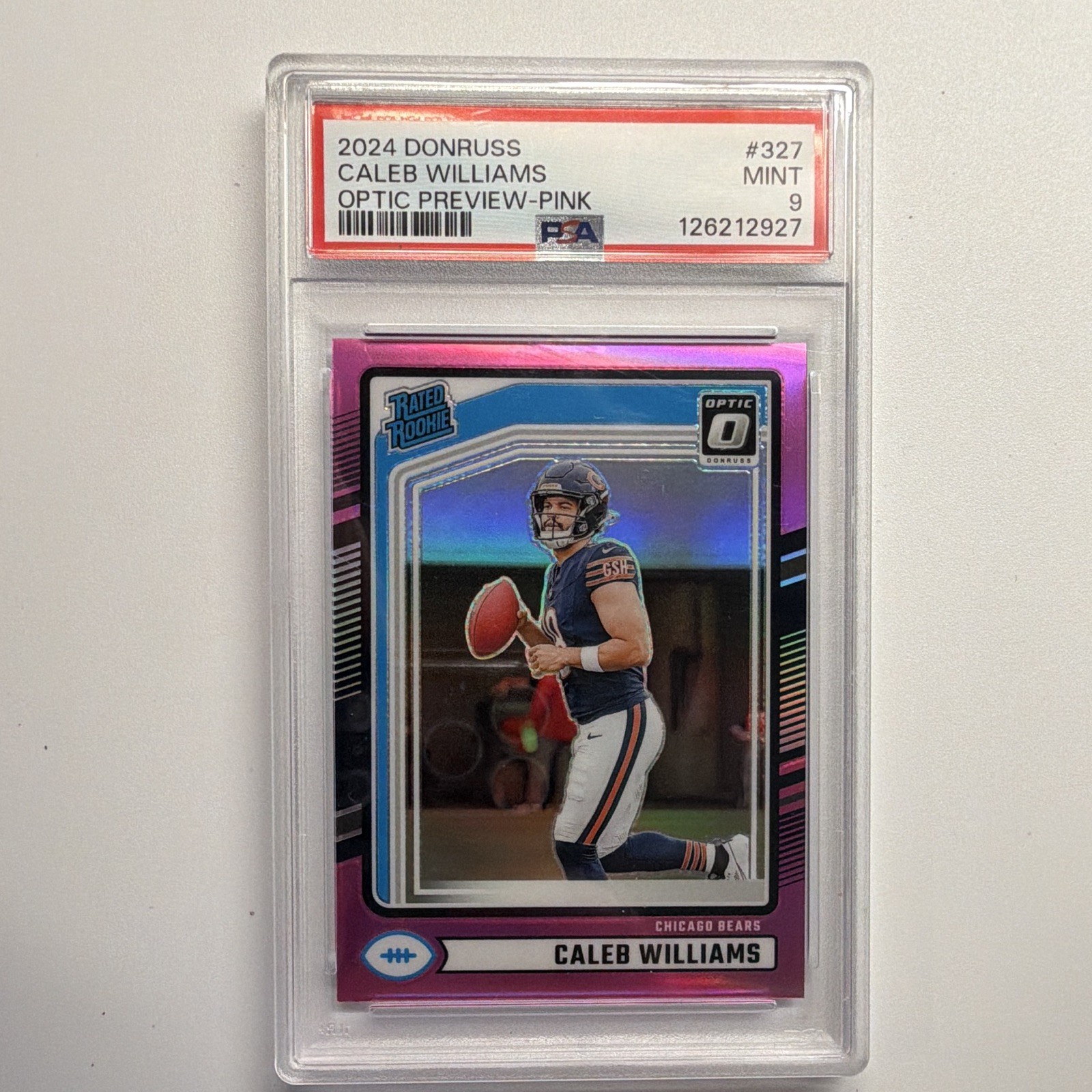 Panini 2024 Donruss Caleb Williams Rated Rookie Optic Preview Pink #327 PSA 9