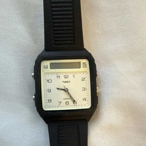 Vintage Timex 392 K Cell Analog Digital Wristwatch Black Rubber Band Chronograph