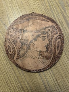 Flemish Art Company New York Round Pyrography Wood Plaque Graduation Theme