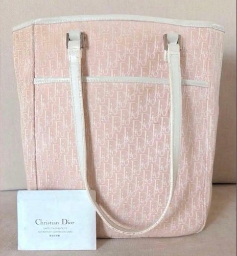Christian Dior Trotter Tote Bag Pink White Leather Logo Canvas Women Used Japan