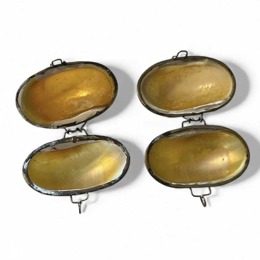 "Antiguo par de cajas de monedero con caparazón de madreperla de 2"" de colección con carcasa de almeja" Foto 4 de 4