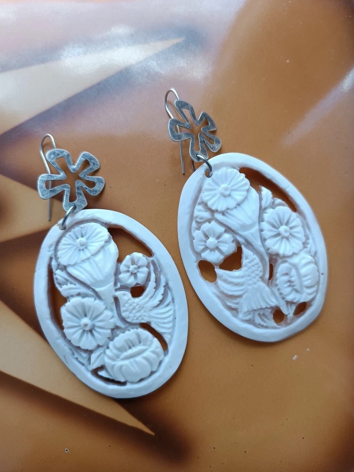 Torre del Greco Kamee Statement Ohrringe Muschelschmuck Veroneser Meister Silber