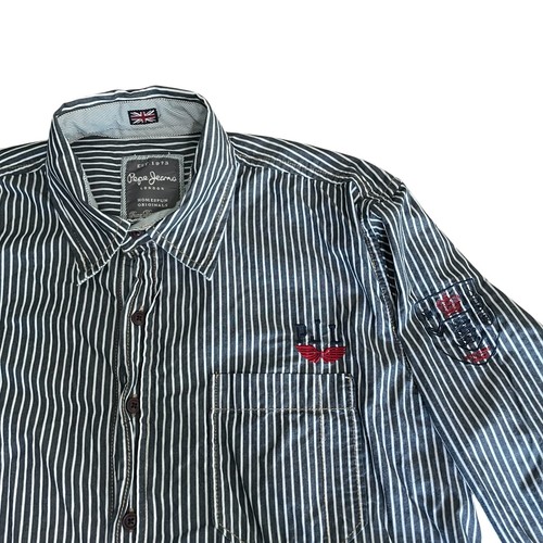 Pepe Jeans, Vintage Pepe Jeans London Mens L Button Up Patch Shirt Blue Striped Embroidered