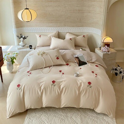 100% Egyptian Cotton White Pink Patchwork Rose Flowers Embroidery Bedding Set - Bild 15 von 17