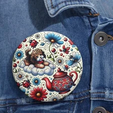 Custom Pin Button Badge Cute Garden Pup Daisy Magic Tea Pot Dog Floral Fun Gift