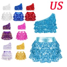 US Kids Girls Crop Tops Skirts Sets Latin Vests with Skirts Tiered Dance Outfit