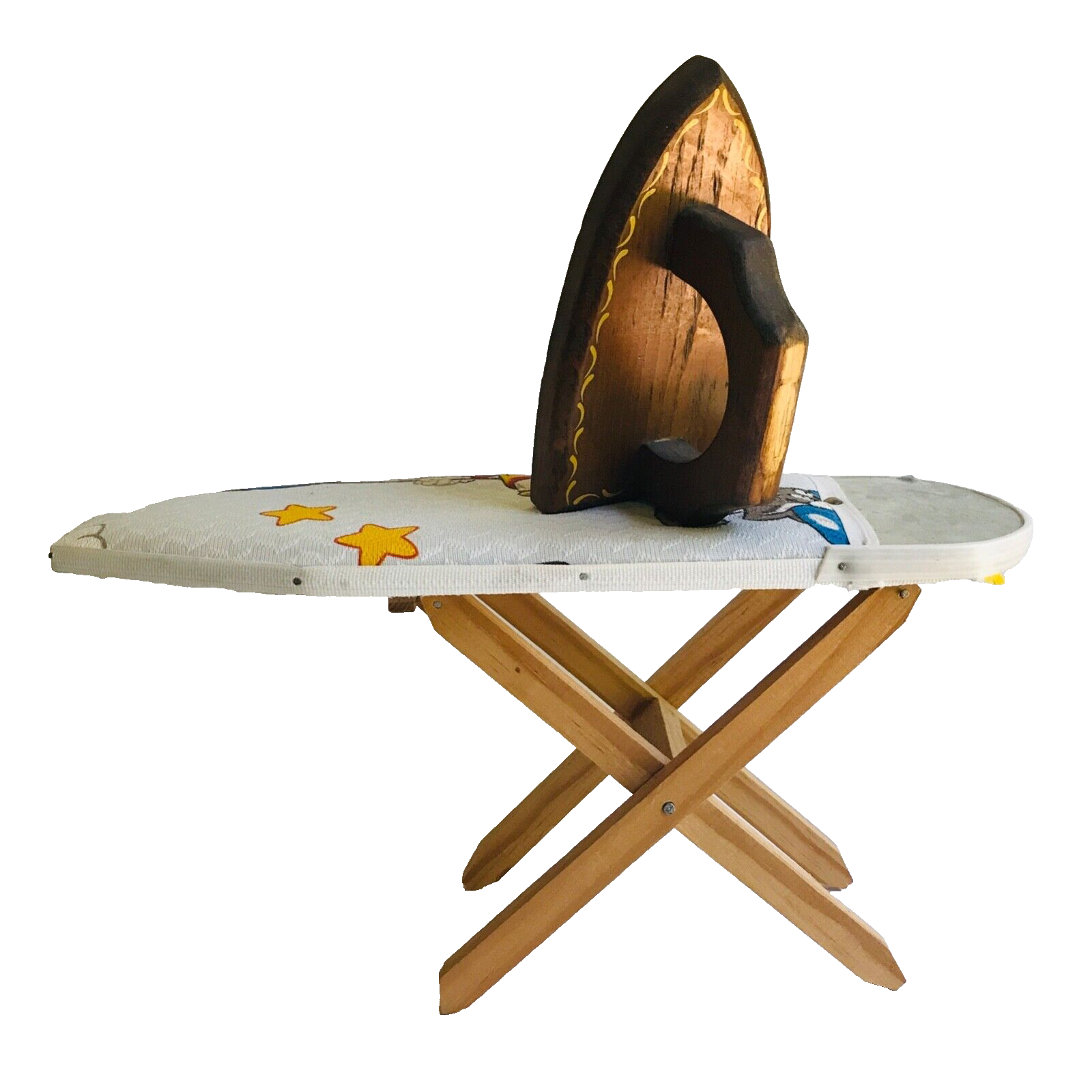 Child's Toy Hand Made Wood Folding Ironing Board with Cloth Cover and Wood Iron-image