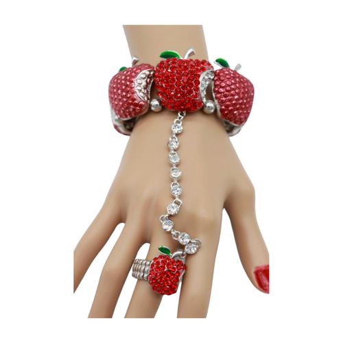 Women Silver Metal Hand Chain Red Apples Bracelet Special Ring One Size Fit All - Picture 15 of 23