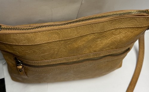 Steven Genuine Leather Tooled Embossed Crossbody Shoulder Minimal Bag Tan - Picture 11 of 12
