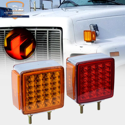 Pair Double Face Square Red/Amber 51 LED Truck Fender Pedestal Turn Signal Light
