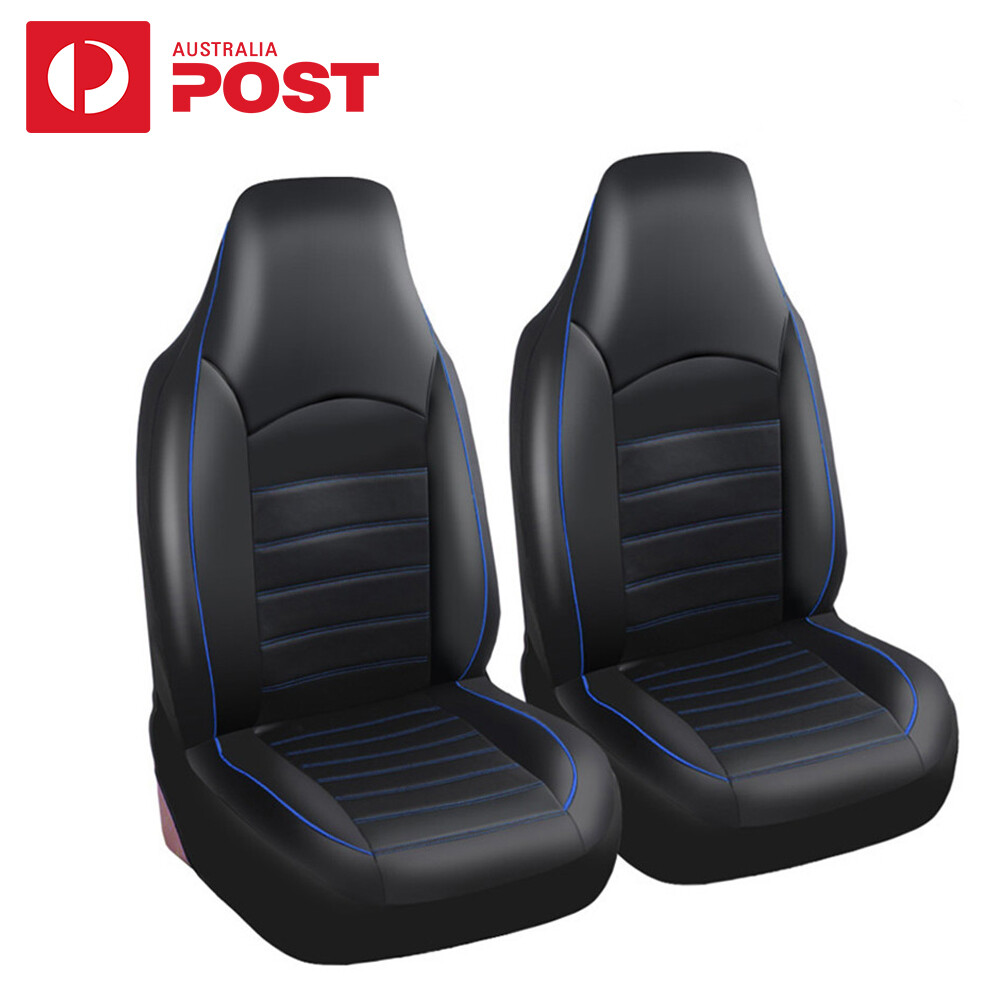 2x Black PU Leather Car Front Seat Covers Blue Line Interior Trim
