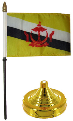 Brunei 4''x6'' Flag Desk Wood Table Stick Staff Gold Base