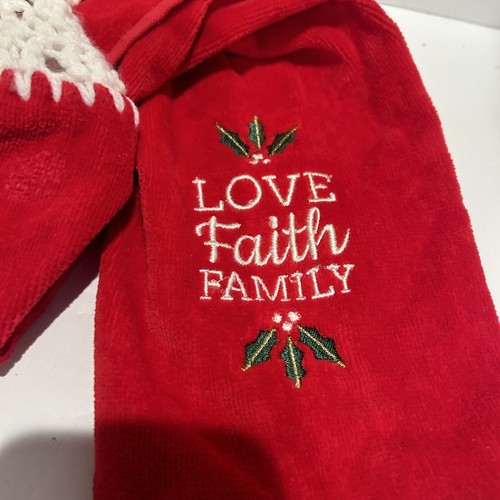 HANDMADE PLUSH CROCHETED HANGING KITCHEN TOWEL RED LOVE FAITH FAMILY 28” Long - Picture 2 of 7