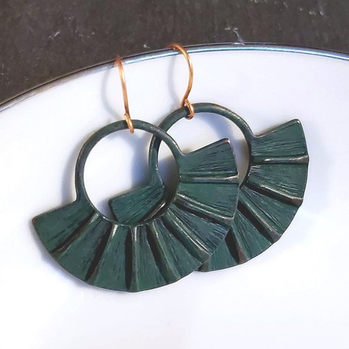 Antique Copper Verdigris Blue Green Patina Edgy Round Fan Earrings - Picture 6 of 7