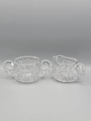 Vintage Heavy Cut Glass Creamer and Sugar Bowl Floral Pattern with Sawtooth Edge