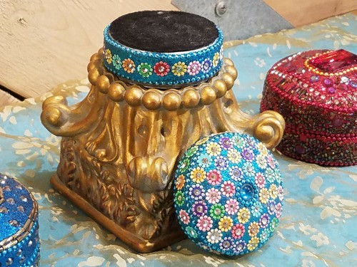 Cute Blue Trinket/Jewelry Box w/ Flowers & Cabochons - Swanky Barn - Picture 5 of 12