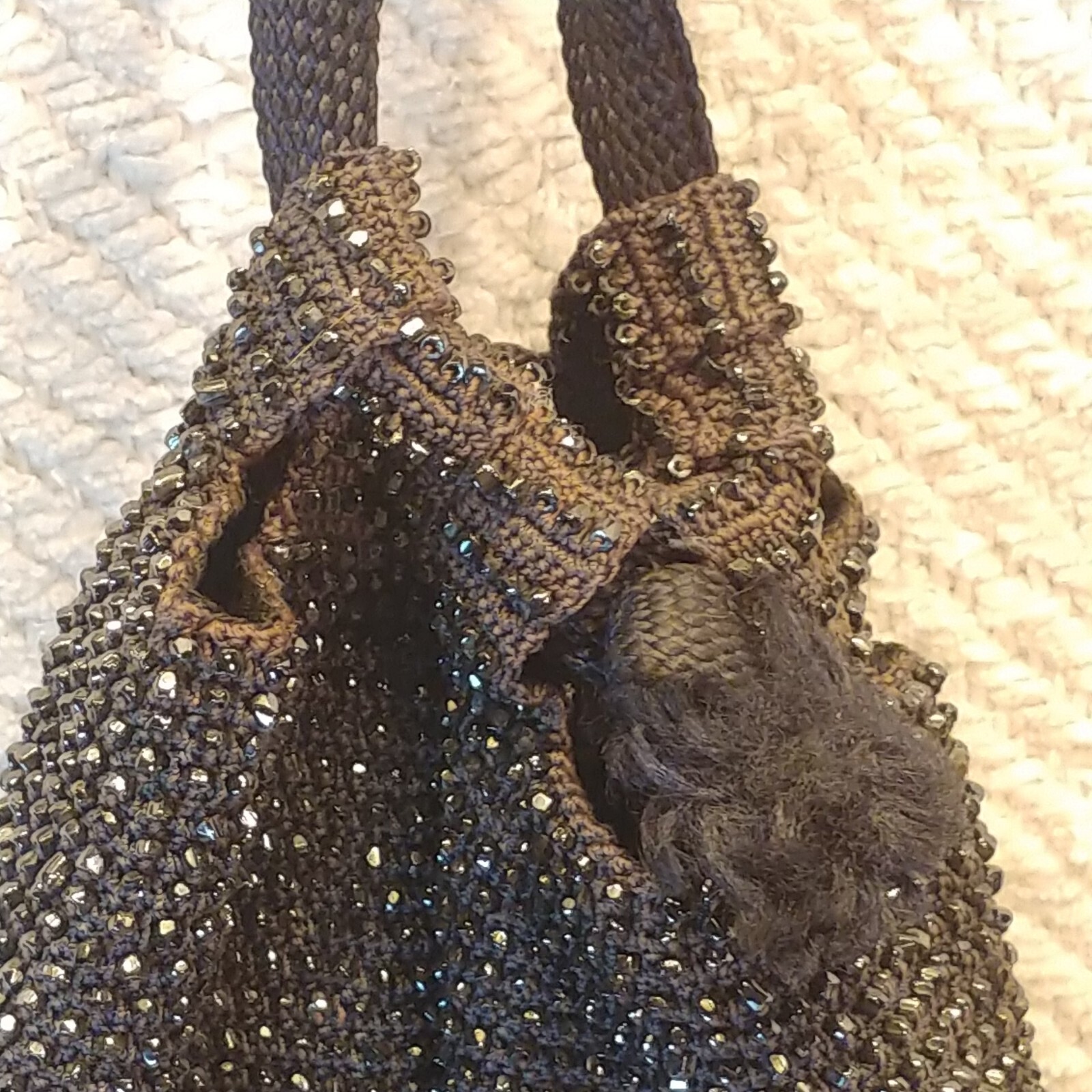 Vintage Black Beaded Flapper Drawstring Purse Bag… - image 4