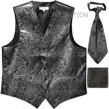 New Men's Paisley Tuxedo Vest Ascot Cravat Hankie set Dark Gray wedding formal
