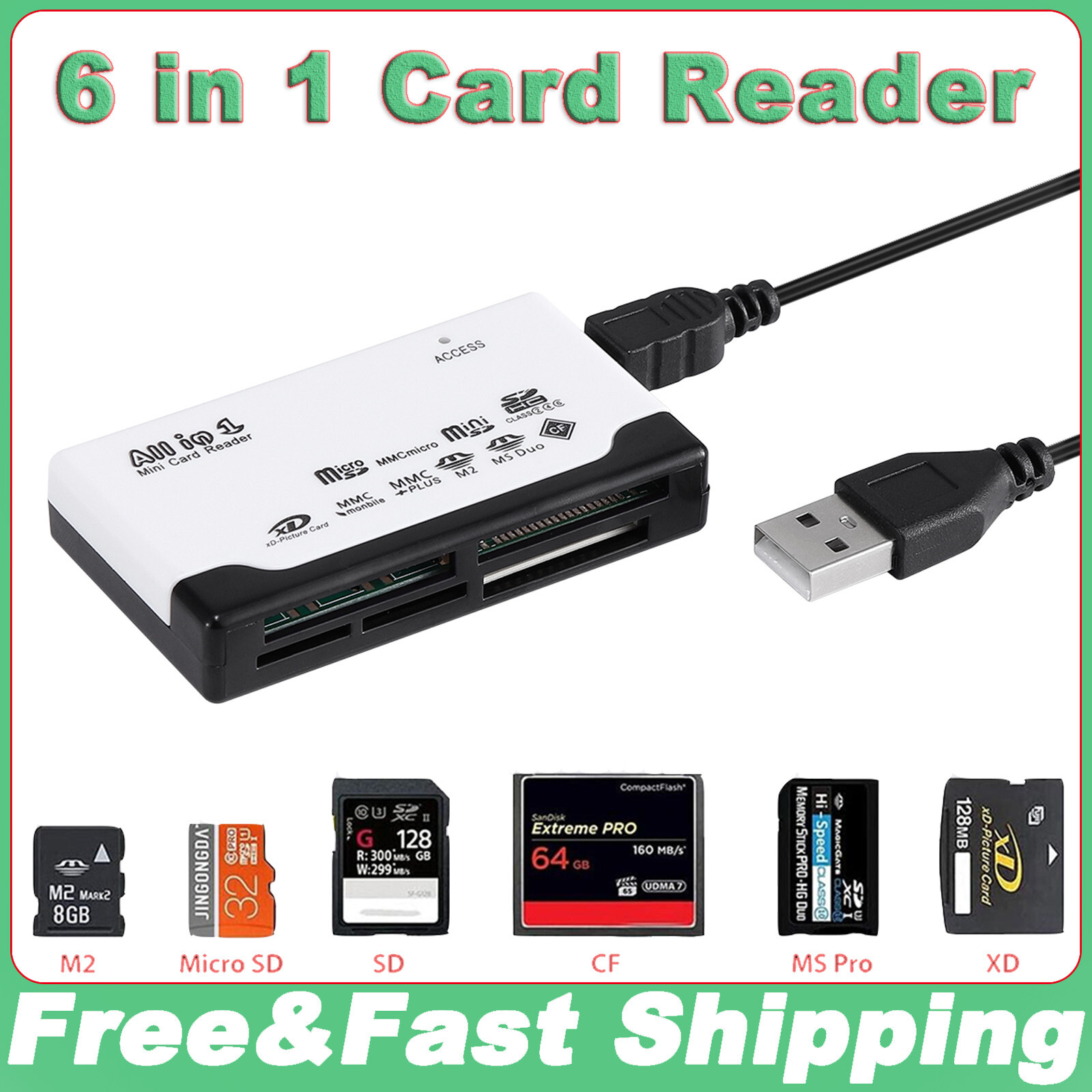 6 In 1 USB 2.0 Memory Card Reader Adapter For CF/TF/SD/Micro SD/XD/M2/MS Card
