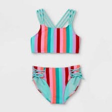 Girls L 10-12 Art Class Bright Rainbow Vertical Stripe Bikini Swimsuit Set