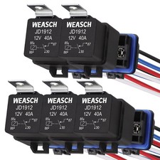 5 Pack Waterproof Relay Kit, 12V 40A, 4 Pin SPST, Heavy Duty 14 AWG Tinned