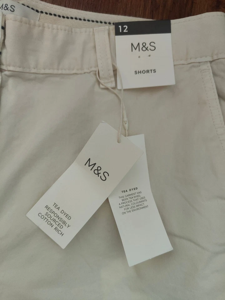 M&S Cotton Rich Tea Dyed Chino Shorts UK 12 Reg - Soft White - Image 2 of 4
