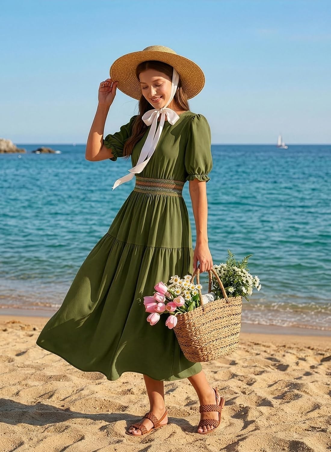 Summer Casual Midi Maxi Dresses Lightweight Short Sleeve Crew Neck Elastic  Waist
