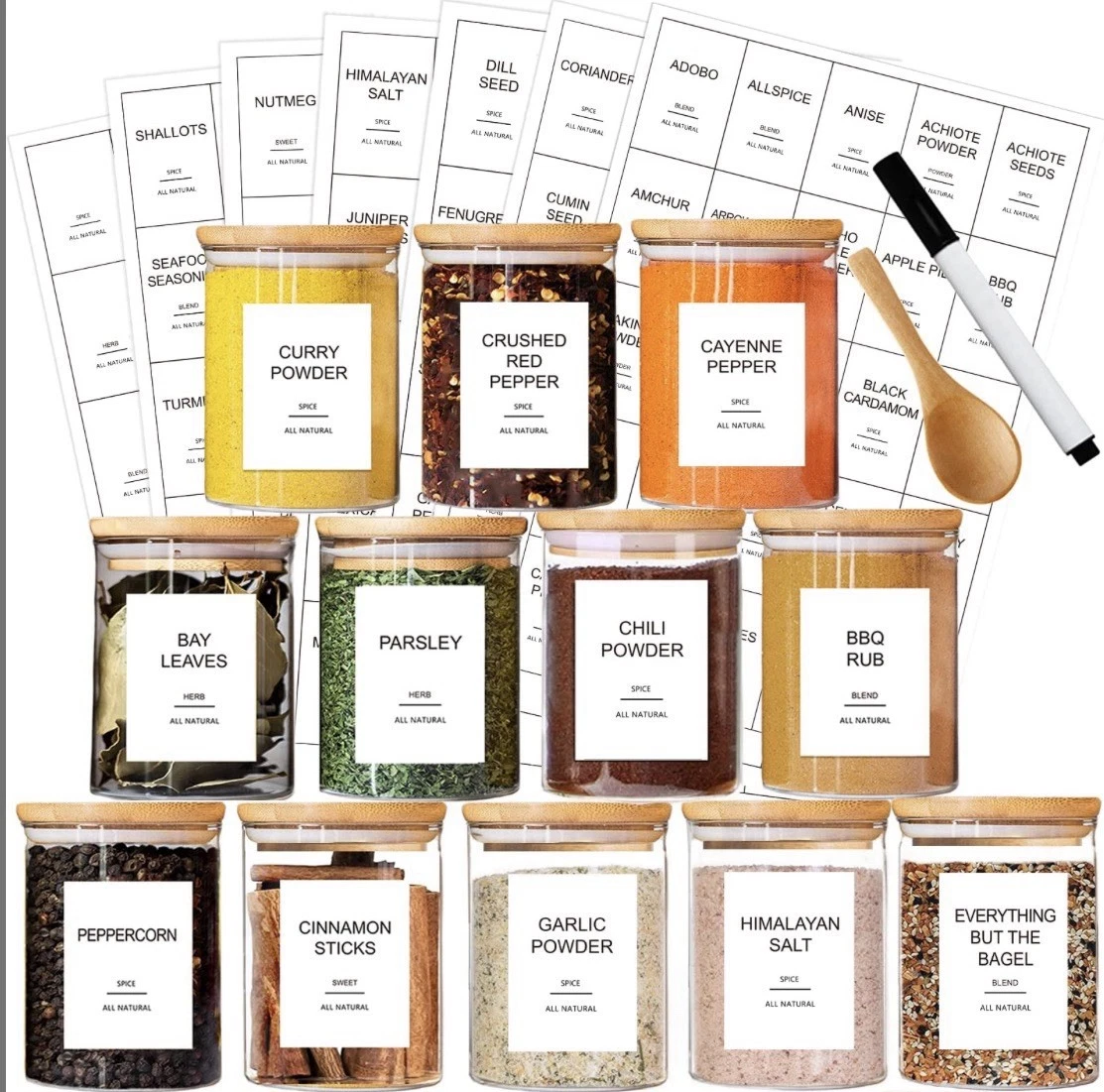 12 Pcs Glass Spice Jar With Bamboo Lids