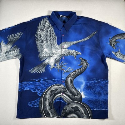 Vintage Moon Shirt Mens 2XL Blue Eagle Snake Graphic Short Sleeve Button Up 90s