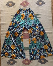Vintage 1960s Blue Hippie Bell Bottoms Floral Flare Polyester Pants Size Medium