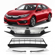 Front Bumper Upper Lower Grille W Chrome Molding Fit Honda Civic 2016-2018 4pcs Front Bumper Upper Lower Grille W Chrome Molding Fit Honda Civic 2016-2018 4pcs