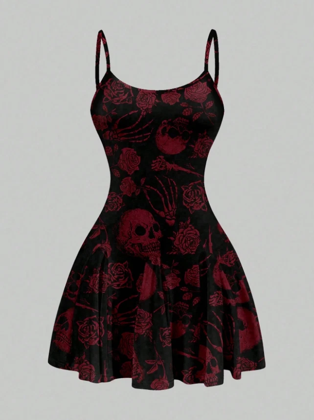 skull formal dress Black 1950s Halloween Skull Rose Sleeveless Dress main image 1