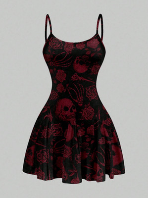 Women s Skull & Rose A-Line Mini Dress Gothic Summer Halloween Sundress